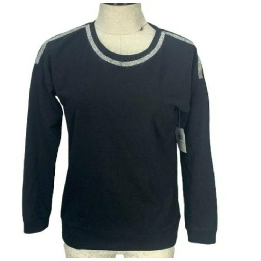 Retrology Woman's Black Jeweled Neck Long Sleeve Blouse Size Small